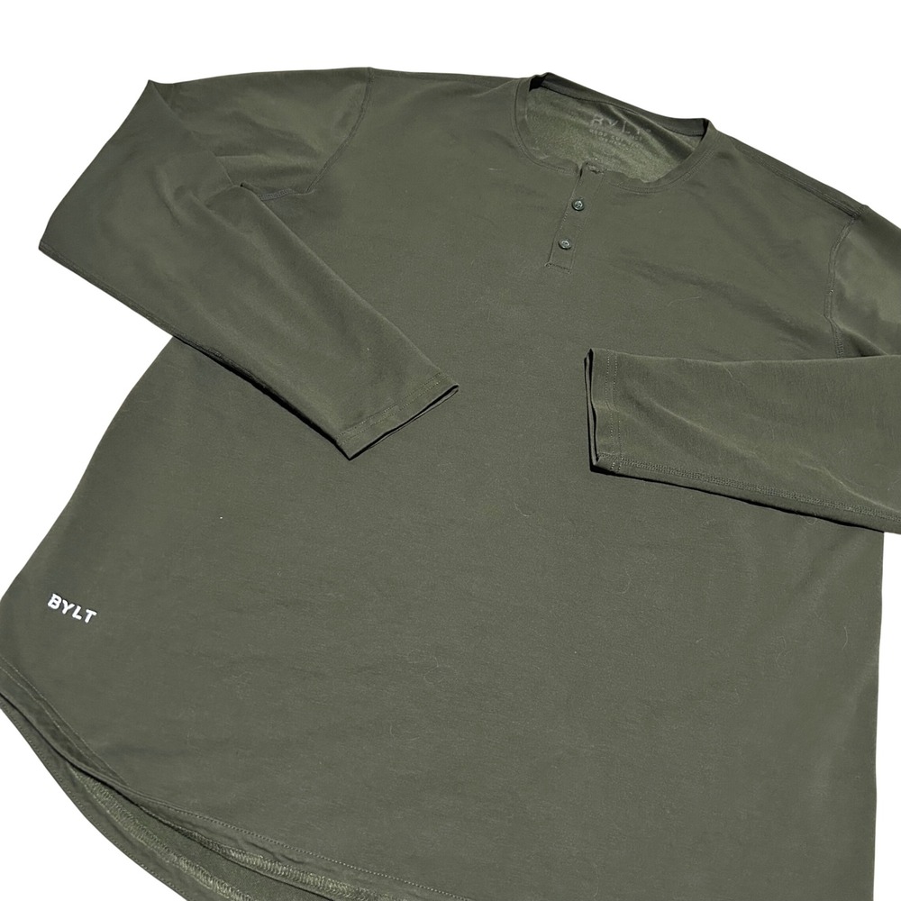 BYLT Henley Shirt Mens Large Olive Green Drop Cut Long Sleeve Performance Tee